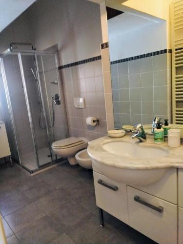 a bathroom with a shower and a sink and a toilet at La Mansardina in Menaggio