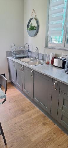 a kitchen with a sink and a counter at Maison Paloumères in Ledeuix