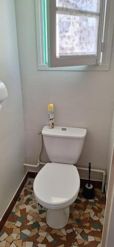 a white toilet in a bathroom with a window at Maison Paloumères in Ledeuix