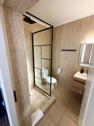 a bathroom with a toilet and a glass shower at Pensiunea Margareta in Baile Felix