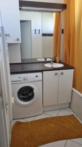 une salle de bain avec une machine à laver et un lavabo dans l'établissement Appartement T3 piscine-Acces direct plage - Marseillan Plage, à La Celle-sous-Gouzon