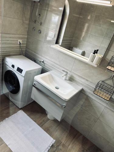 a bathroom with a sink and a washing machine at Casa Lara in Kaštelir
