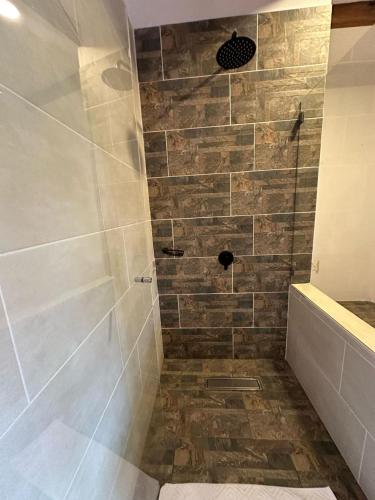 a bathroom with a shower with a stone wall at Hotel Pliosaurio Campestre in Villa de Leyva