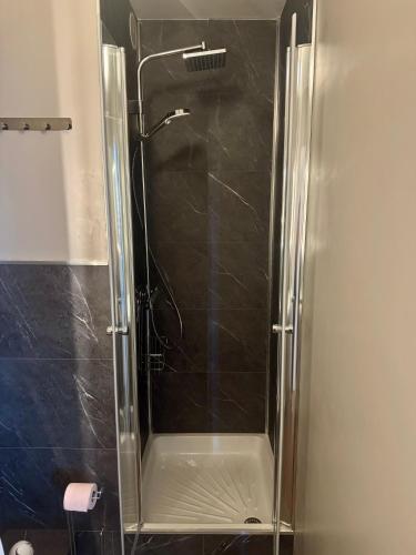 une douche avec une porte vitrée dans une salle de bain dans l'établissement Jolie appartement à Carnon Plage, à Mauguio