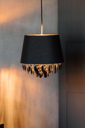 a black pendant light hanging from a wall at Black Princess in Cēsis