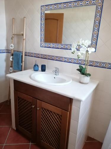 a bathroom with a sink and a mirror at A Casa da Carolina in Mértola