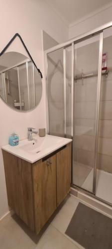 un bagno con lavandino e doccia con specchio di Joli appartement 2 chambres avec vue sur le Tage à Algés ad Algés