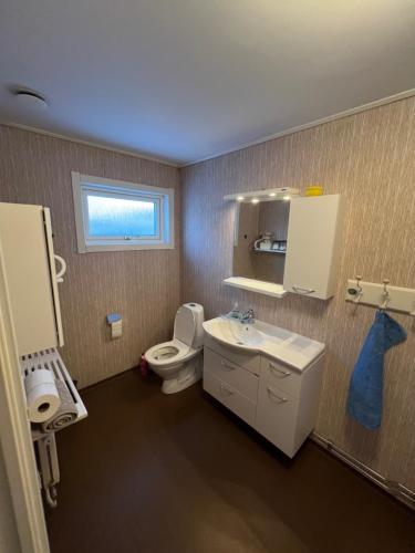 a bathroom with a toilet and a sink and a mirror at Central 3-plans villa med bastu och stora ytor in Gällivare