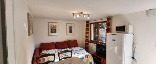 Cette chambre dispose d'un canapé et d'un réfrigérateur avec four micro-ondes. dans l'établissement Studio, Mons Sart, proche Lille et métro, à Mons-en-Baroeul