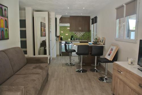 un salon avec un canapé et une cuisine dans l'établissement Les rives de St Tropez, à Saint-Tropez