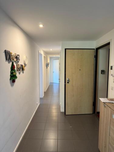 a hallway with a door and a christmas tree on the wall at Lovely 3 bedroom apartment in central Esch Alzette in Esch-sur-Alzette