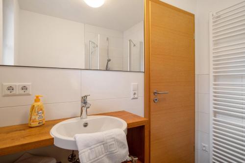a bathroom with a sink and a mirror at Obst- und Ferienhof Lehle in Immenstaad am Bodensee