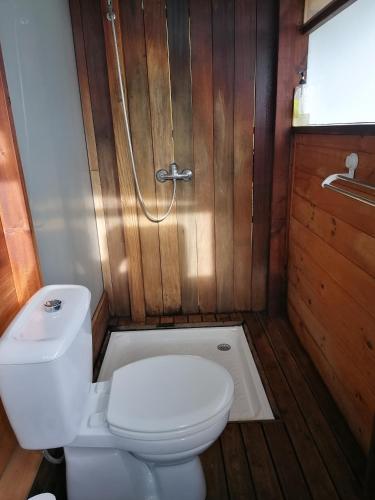 a small bathroom with a toilet and a shower at Bungalow Moemoea in Punaauia