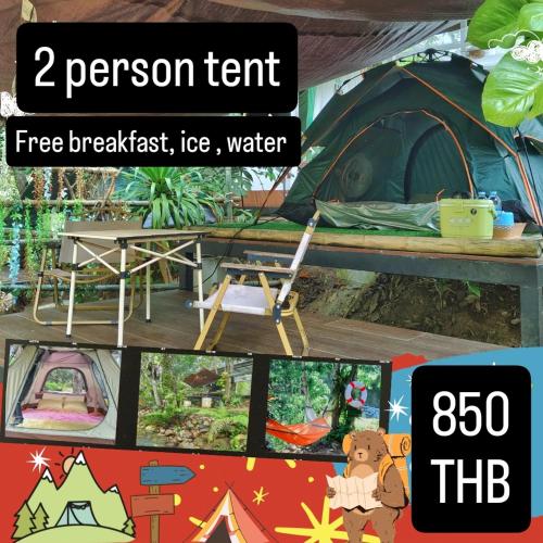 a tent with a table and a chair in front of it at Pingjai Halal Camping in Ban Nong Mai Kaen