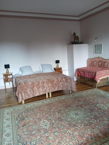 a bedroom with two beds and a rug at Villa Toscane in Saint-Germain-Lembron