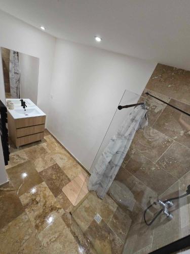 a bathroom with a sink and a shower curtain at Le Loft in Le Pradet