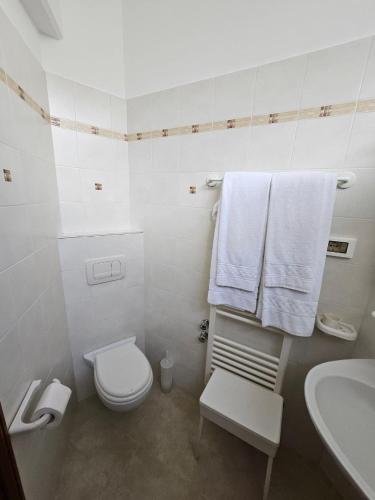 a bathroom with a toilet and a sink and towels at Albergo Nyers in Perugia