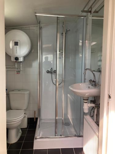 a bathroom with a shower and a toilet and a sink at Prague on Boat, Privat Pier, Free Parking in Prague