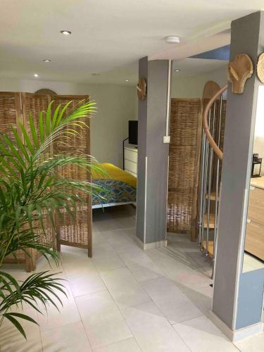 une chambre avec un lit et une plante dans l'établissement Maison chaleureuse, à Simiane-Collongue