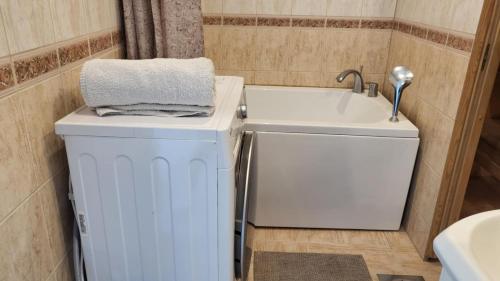a bathroom with a sink and a washing machine at DreamsNest in Tallinn