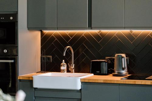 a kitchen with a sink and a counter top at Black Princess in Cēsis