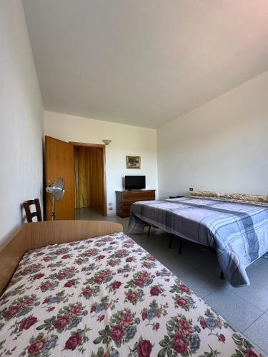 a bedroom with two beds and a television at Sa Domu di Beppe e Nora in San Giovanni Suèrgiu