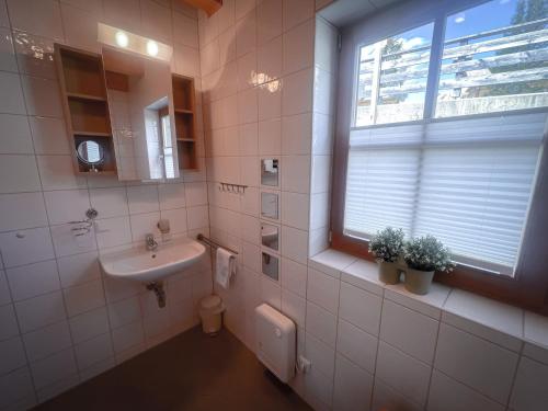 a white bathroom with a sink and a window at Almhütte Falkert in Patergassen