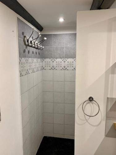 La salle de bains est pourvue d'une douche et de murs carrelés blancs. dans l'établissement La Pomme de Pin, à Eygalières
