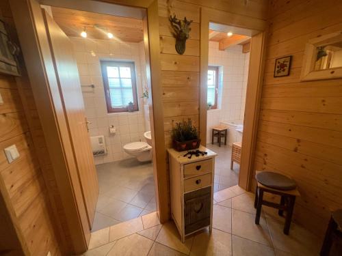 a bathroom with a toilet and a shower and a sink at Almhütte Falkert in Patergassen
