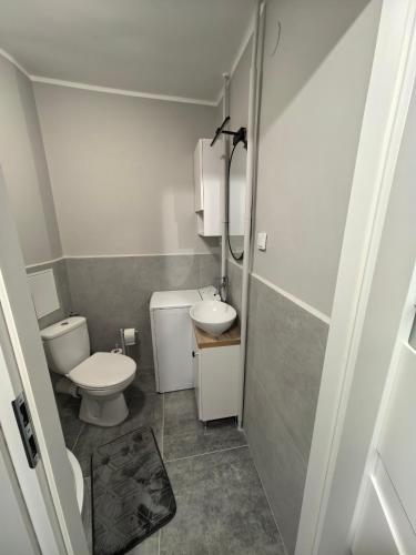a small bathroom with a toilet and a sink at Mieszkanie w centrum blisko dworca in Ełk