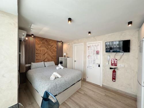 sypialnia z łóżkiem i telewizorem na ścianie w obiekcie PLAYA CARIHUELA Apartamentos El CARMEN w mieście Torremolinos
