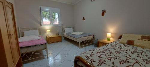 a bedroom with two beds and a window at Villa Zahner in Pitsidia