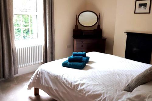 a bedroom with a white bed with a blue object on it at High House Cottage - A traditional home from home in St Bees