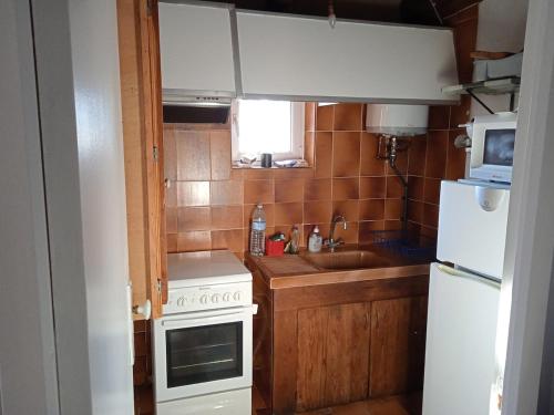 une petite cuisine avec un évier et un réfrigérateur dans l'établissement Maison de montagne avec vue sur Pyrenees, à Soulan