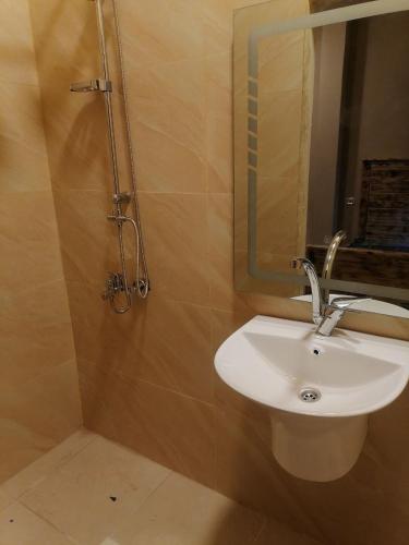 a bathroom with a sink and a mirror at Dana Mount View the highest hotel in Jordan in Dana