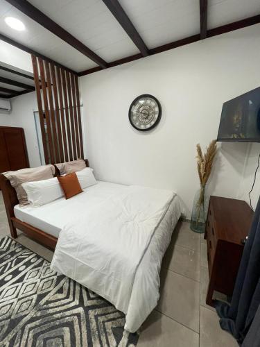 a bedroom with a bed with a clock on the wall at Appartements Des Roses in Le Lamentin
