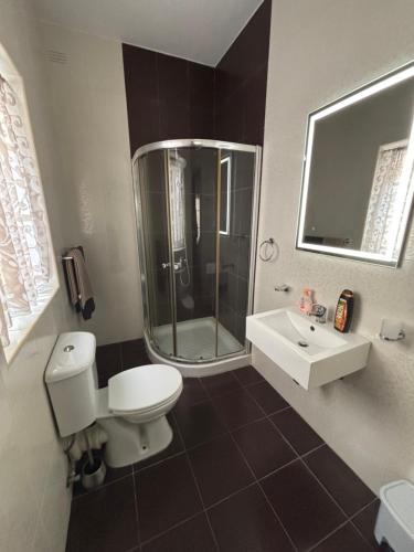 a bathroom with a toilet and a shower and a sink at Family Apartment 1 in Bubaqra