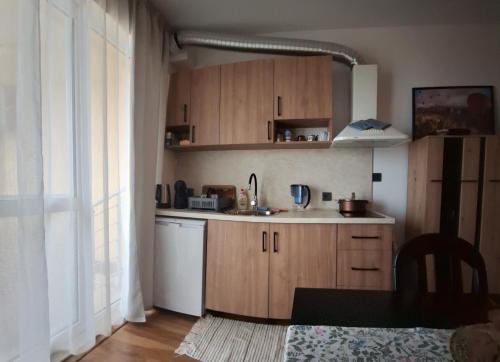 a kitchen with wooden cabinets and a white dishwasher at Студио Бяла in Byala
