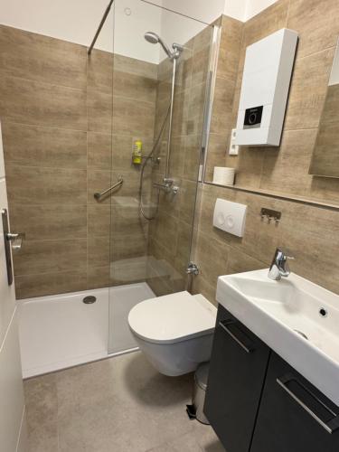 a bathroom with a shower and a toilet and a sink at Downtown 38 in Wittenberge