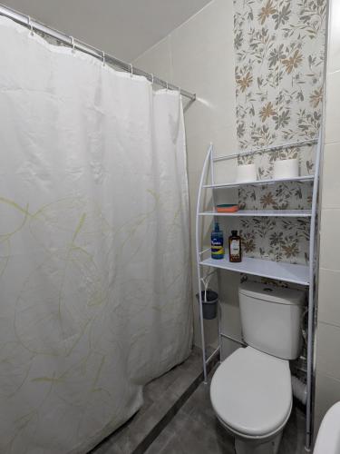 a bathroom with a toilet and a shower curtain at Dar SAÏDA in Marrakech
