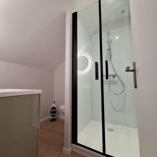 une douche avec une porte vitrée dans une salle de bain dans l'établissement Ma Petite Maison, à Belz