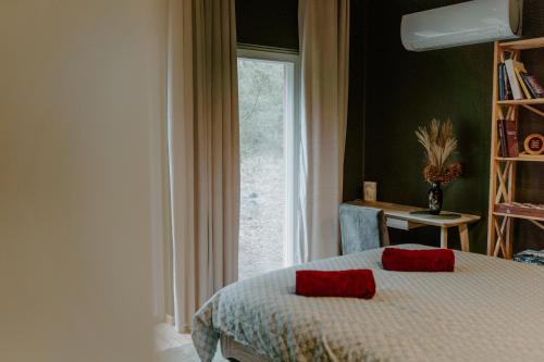 a bedroom with a bed with two red pillows on it at Rītu atpūtas namiņi in Talsi