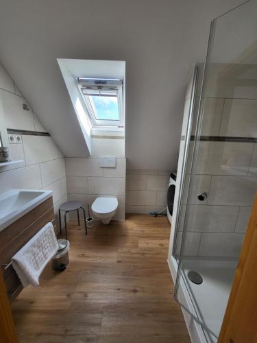 a bathroom with a toilet and a sink and a skylight at Altes Backhaus Bauernhof Vogel in Rohrsen