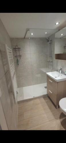 une salle de bain avec douche et lavabo dans l'établissement Superbe vue mer 2pièces, mezzanine, clim 5 personnes, à Grimaud