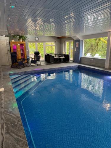 a large blue swimming pool in a building at Oakley Bed & Breakfast - Vegetarian, Vegan in Newcastle Emlyn