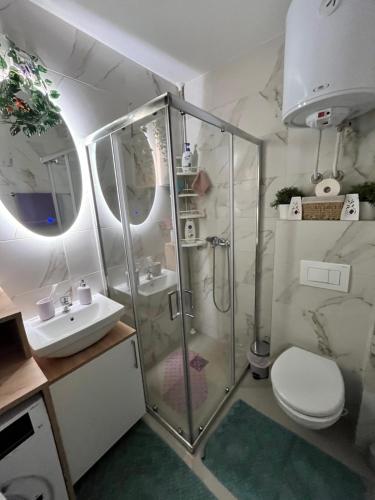 a bathroom with a shower and a toilet and a sink at Mk Lux Apartman in Soko Banja