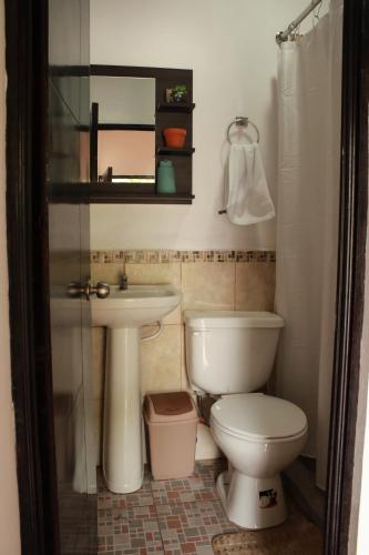a bathroom with a toilet and a sink at Casa Don Quijote in Concepción de Ataco
