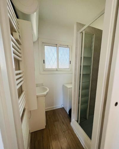 une petite salle de bain avec un lavabo et un miroir dans l'établissement Seaside Studio with Terrace and Free Parking - Beach 2 Min Walk, à Villeneuve-Loubet