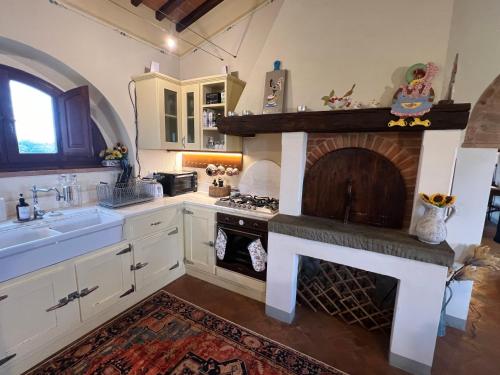 a kitchen with a fireplace with a sink and a stove at Villa Bellora in Cortona