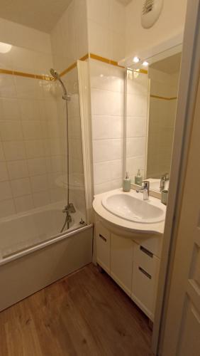 une salle de bain avec un lavabo, une douche et un miroir dans l'établissement Appartement 2 chambres au pied des pistes de l'espace Diamant, à Flumet